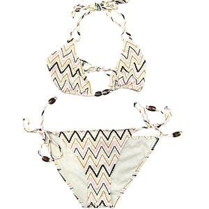 Eberjey Pastel Pink, Brown & Orange Chevron Zig-Zag Striped Beaded String Bikini
